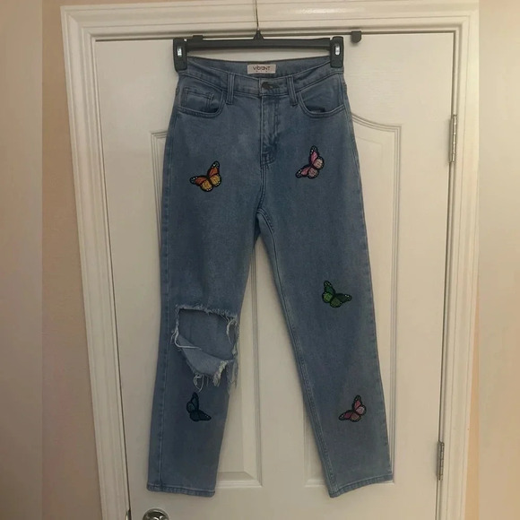 Vibrant M.U.I. Ripped Butterfly Embroidered Patchwork Jeans. Size 5 (W26). - Picture 1 of 7
